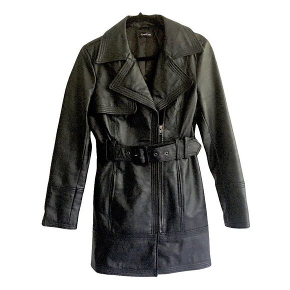 BEBE Leather Moto Fall Winter Trench Belt Black M - Picture 3 of 9
